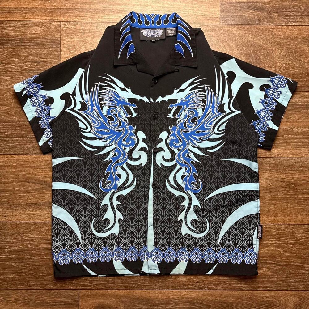 Vintage Y2K Black & Blue Tribal Phoenix Button Up Shirt; White & Blue Tribal